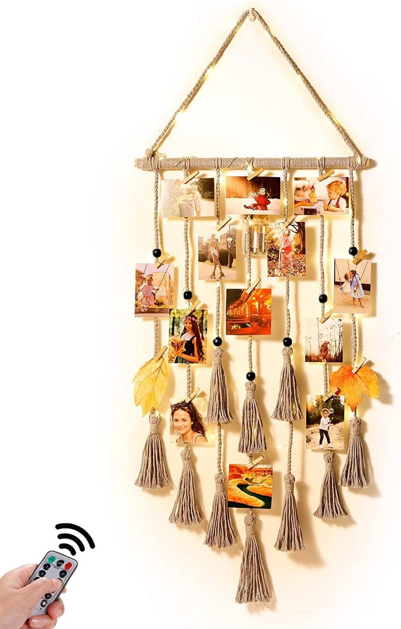 Gray Macrame Hanging Photo Display Wall Decor with Remote Light 30 Clips